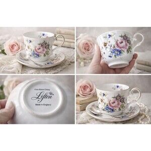 Lefton Fine Bone China Floral Tea Cup & Saucer England Two-Piece Decorated